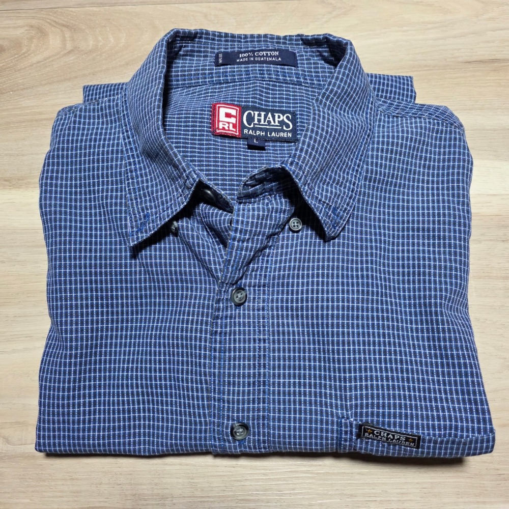 Chaps Ralph Lauren Button Down Shirt Mens L Blue Micro Check Long Sleeve 64851